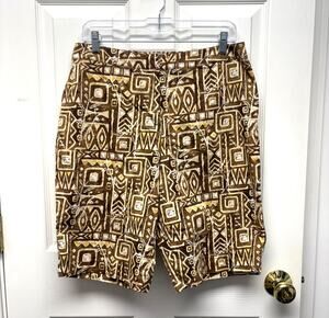 Chico’s Women’s Shorts Bermuda Size 2 Large Brown Tribal Geometric Print Cotton